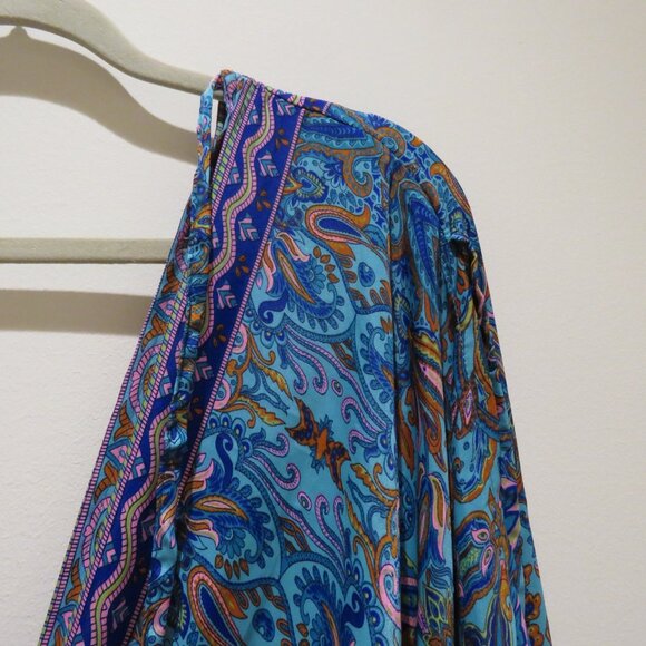 ADDICTIVE Silk Blend V Neck Smocked Paisley Boho Maxi Dress Balloon Sleeve - Picture 4 of 15